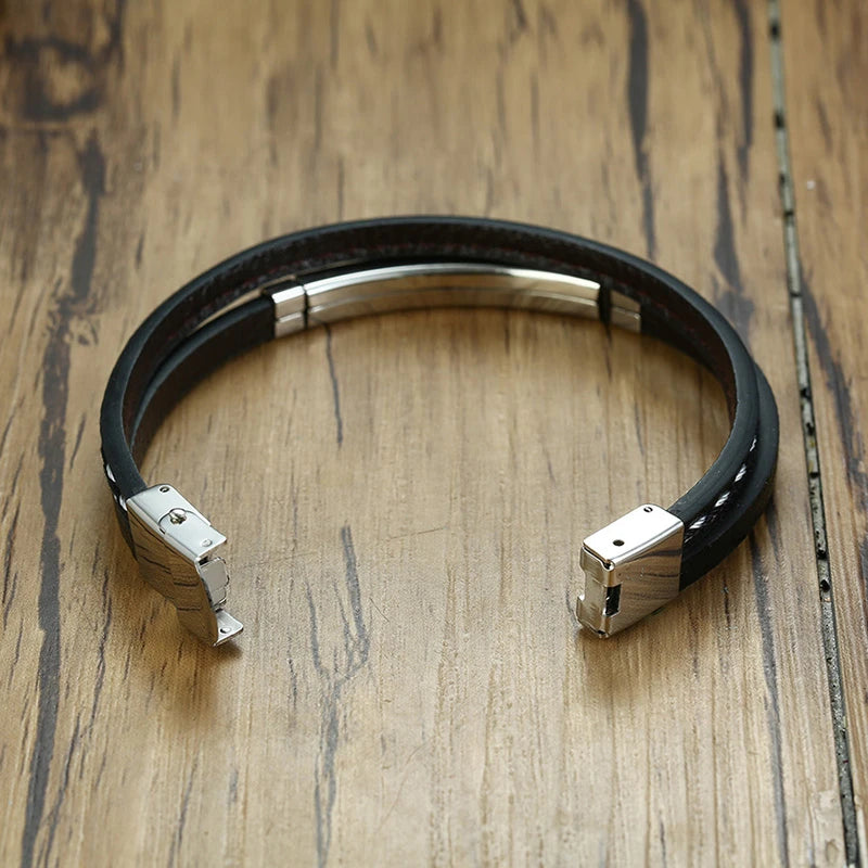 Vnox Layered Genuine Leather & Stainless Steel Bar Bracelet