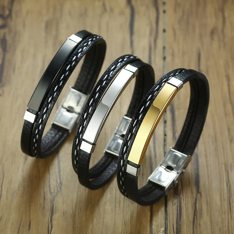 Vnox Layered Genuine Leather & Stainless Steel Bar Bracelet