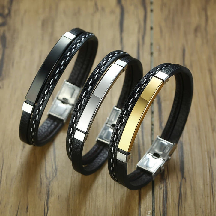 Vnox Layered Genuine Leather & Stainless Steel Bar Bracelet