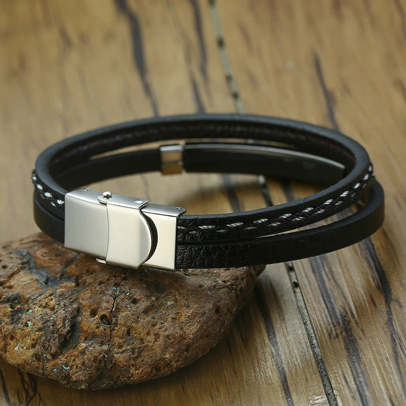 Vnox Layered Genuine Leather & Stainless Steel Bar Bracelet