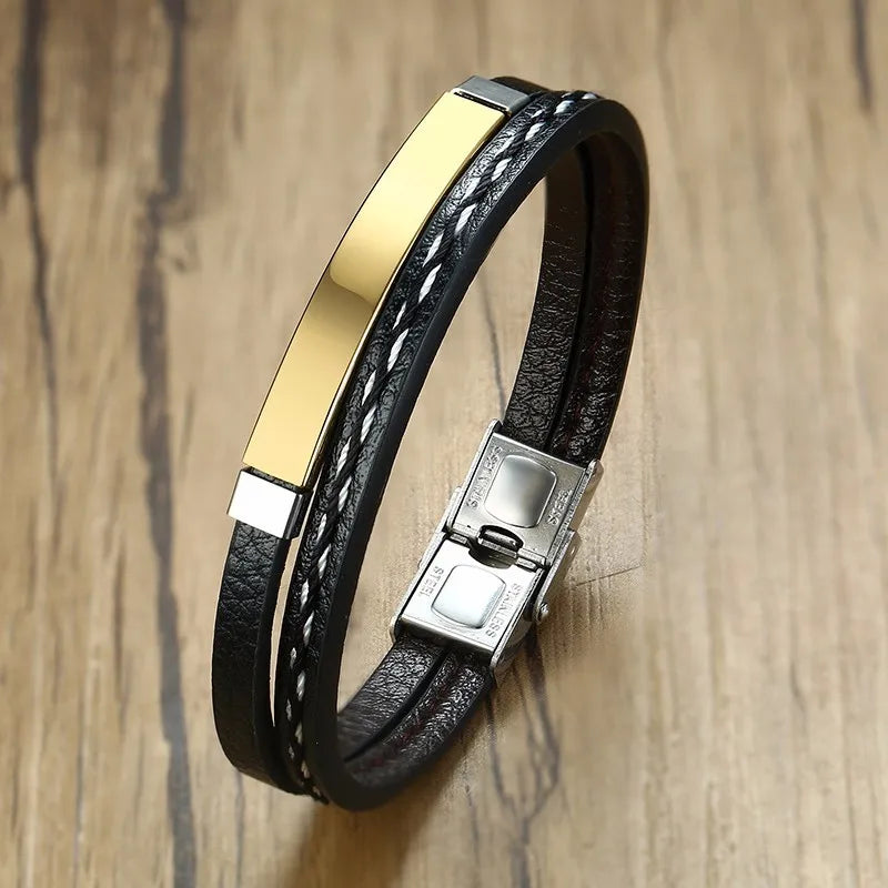 Vnox Layered Genuine Leather & Stainless Steel Bar Bracelet