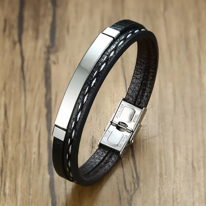 Vnox Layered Genuine Leather & Stainless Steel Bar Bracelet