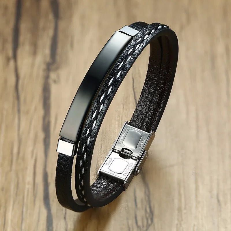 Vnox Layered Genuine Leather & Stainless Steel Bar Bracelet