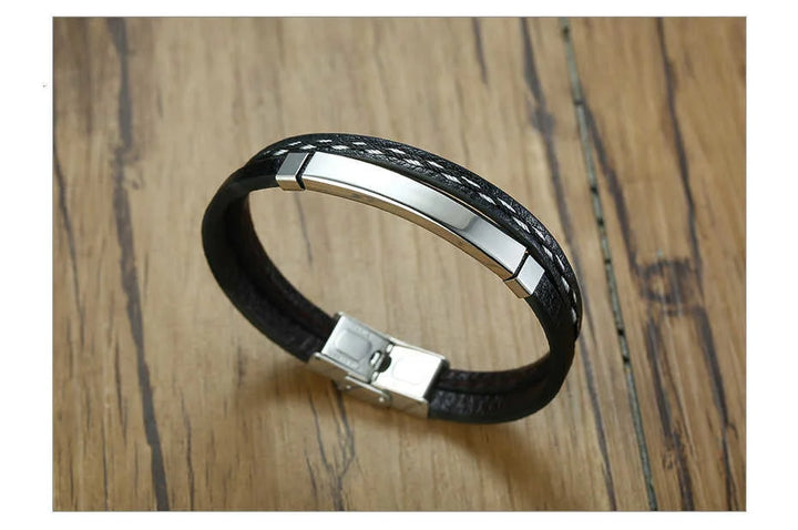 Vnox Layered Genuine Leather & Stainless Steel Bar Bracelet