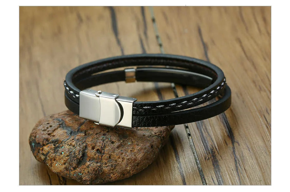 Vnox Layered Genuine Leather & Stainless Steel Bar Bracelet