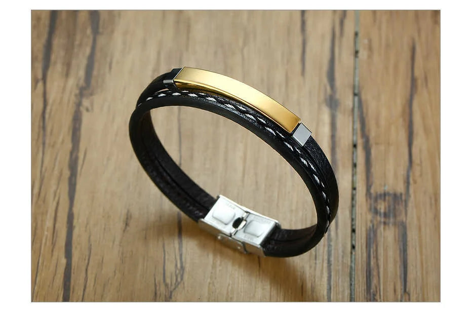 Vnox Layered Genuine Leather & Stainless Steel Bar Bracelet