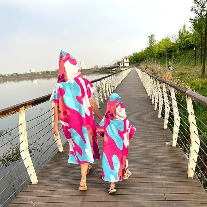 Printed Hooded Beach Towel – Quick-Dry Poncho Bathrobe for Adults & Kids