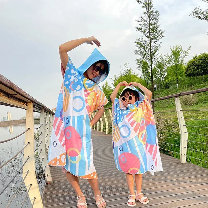 Printed Hooded Beach Towel – Quick-Dry Poncho Bathrobe for Adults & Kids