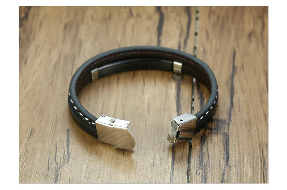 Vnox Layered Genuine Leather & Stainless Steel Bar Bracelet
