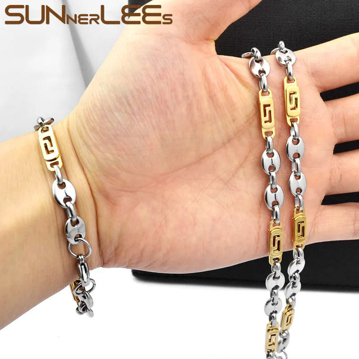 SUNNERLEES Stainless Steel Necklace & Bracelet Set – 8mm Coffee Bean Link Chain, Silver & Gold Plated