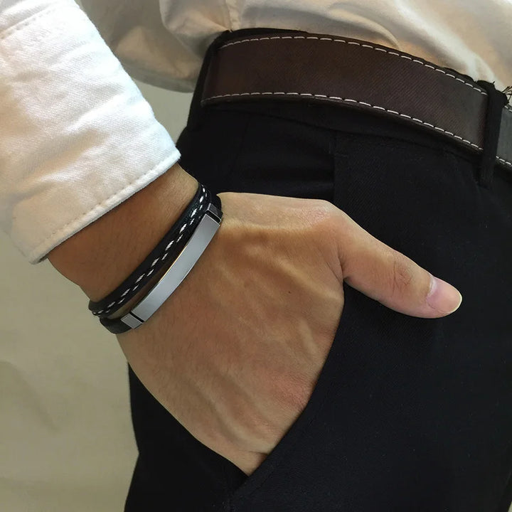 Vnox Layered Genuine Leather & Stainless Steel Bar Bracelet