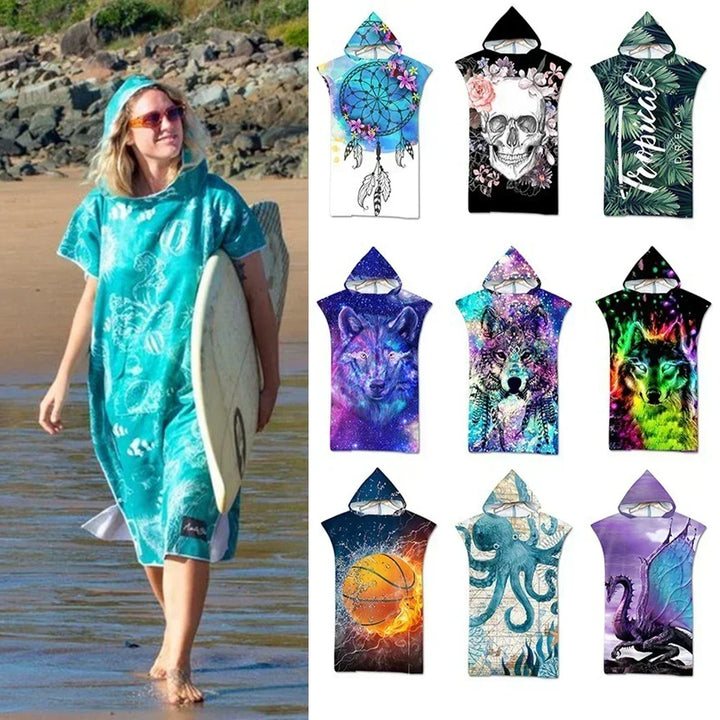 Printed Hooded Beach Towel – Quick-Dry Poncho Bathrobe for Adults & Kids