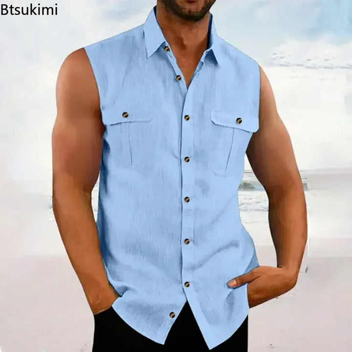Men's Leisure Cotton Linen Tank Tops Casual Solid Color Buttoned Lapel Sleeveless Vest Shirt