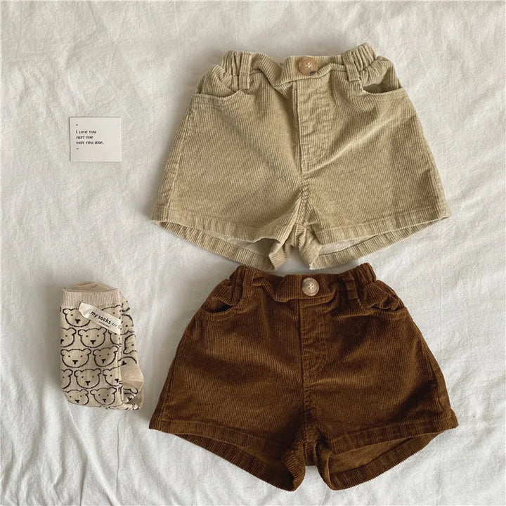 Kids Corduroy Shorts – Autumn Versatile Striped & Solid Elastic Waist for Girls
