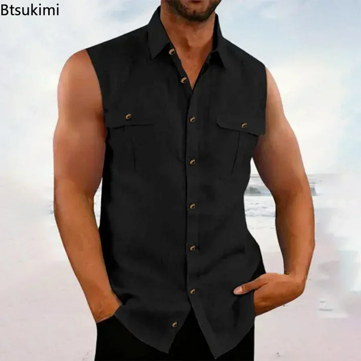 Men's Leisure Cotton Linen Tank Tops Casual Solid Color Buttoned Lapel Sleeveless Vest Shirt