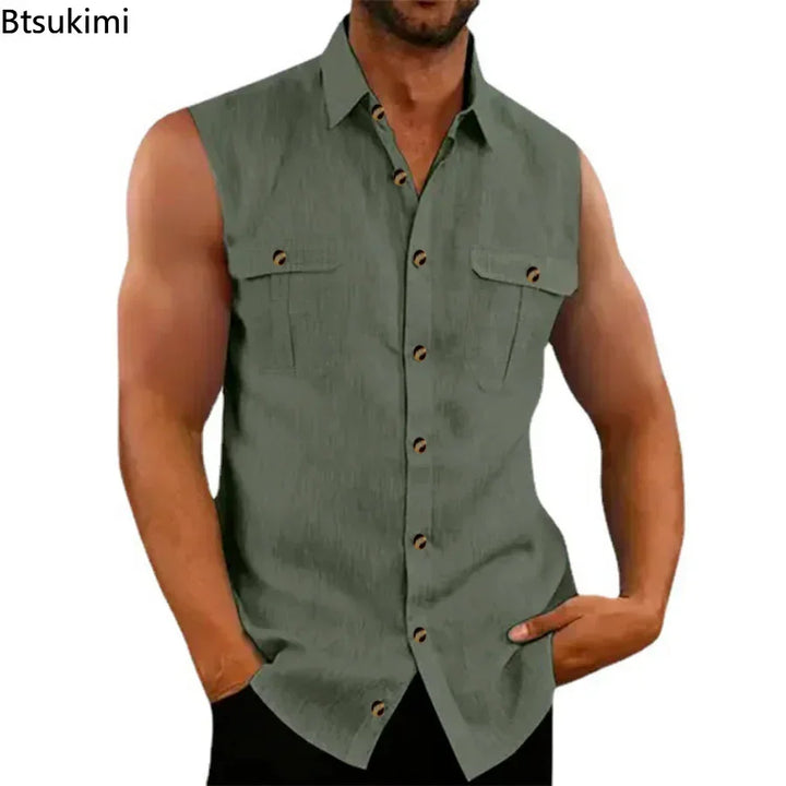 Men's Leisure Cotton Linen Tank Tops Casual Solid Color Buttoned Lapel Sleeveless Vest Shirt