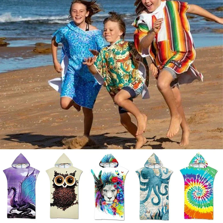 Printed Hooded Beach Towel – Quick-Dry Poncho Bathrobe for Adults & Kids