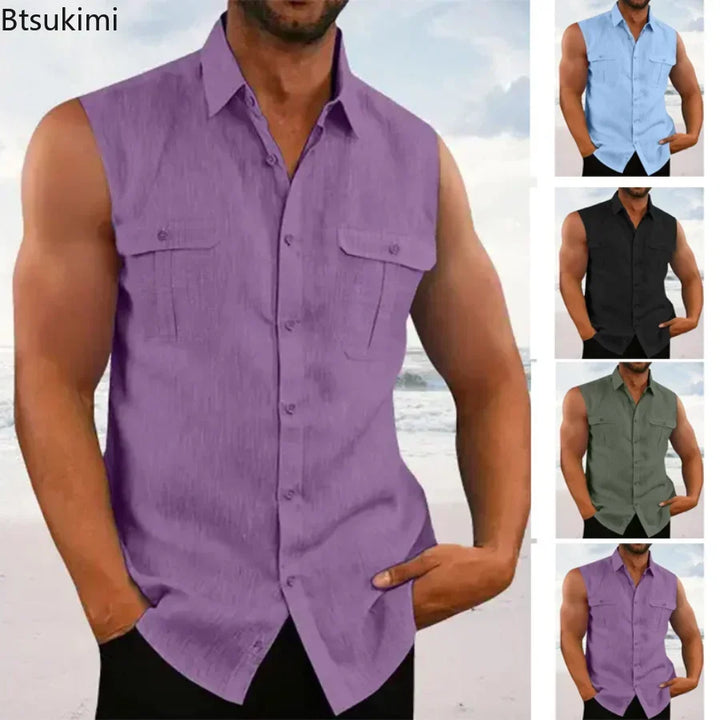 Men's Leisure Cotton Linen Tank Tops Casual Solid Color Buttoned Lapel Sleeveless Vest Shirt